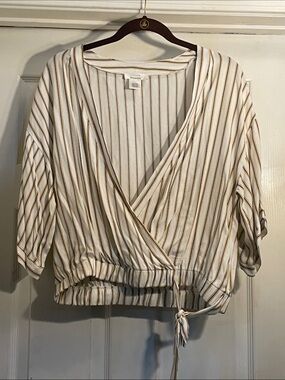 Pleione Cream Blouse with Brown and Black Pinstripes